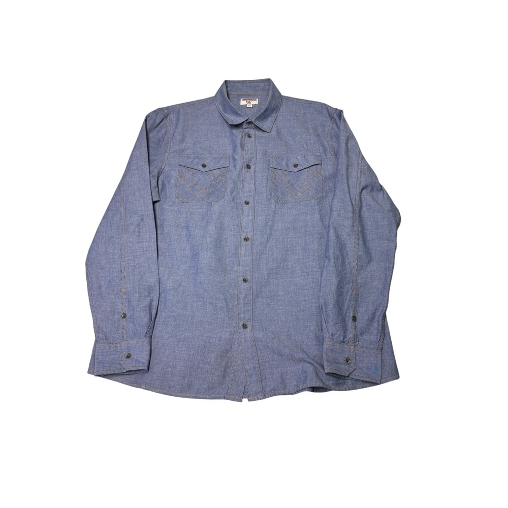 True‎ Religion Mens XL Blue Chambray Button Down Shirt Horseshoe Stitching Long